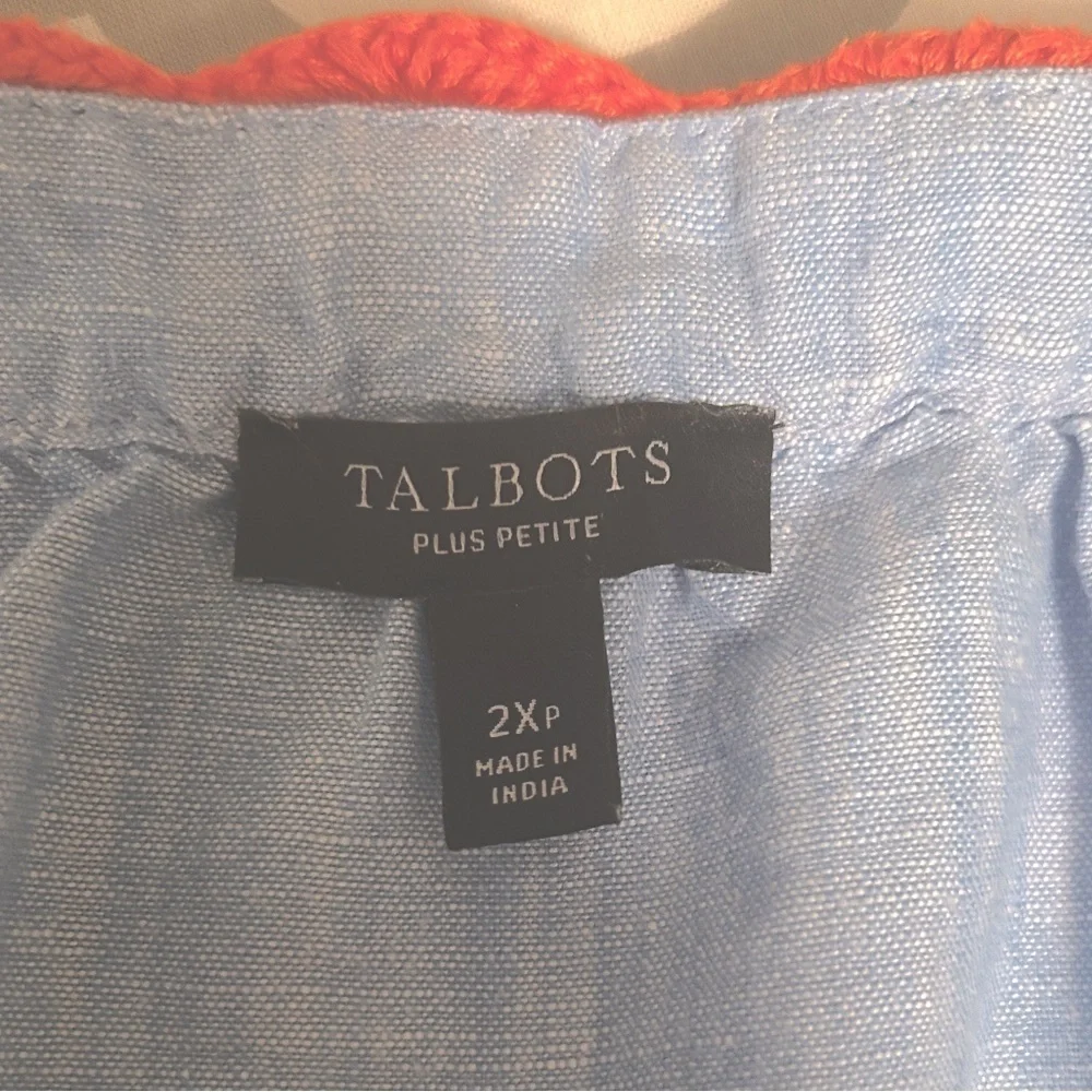 Talbots Blue Linen Top Crochet Trim Pink Coral Short Tie Sleeve Blouse size 2XP - Picture 14 of 16